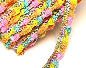 Soft Pastel Shades Crochet Indian Trim, Sari Trim, 1 yard, Scalloped Edge, Boho, Hippy, Home Decor, Spring Colors, Easter Trim
