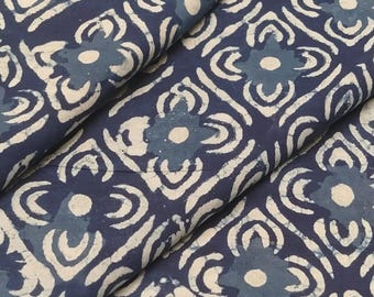 Indigo Dabu Cotton Fabric, Floral Block Print, Indian Textiles (44" Wide)