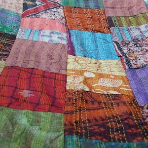 Vintage Kantha Stitch Silk Fabric, Recycled Patchwork Saree, Home Decor
