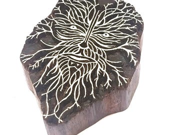 Carimbo de xilogravura Greenman, tecido indiano, argila, papel, vida na floresta (4x3 polegadas)