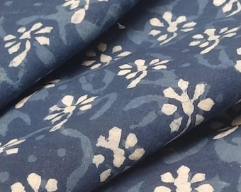 Indigo Floral Cotton Fabric, Natural Dyed Dabu Block Print (44" Wide)