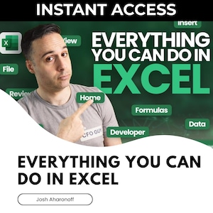 Peut inclure: Un homme montre les mots "Everything You Can Do in Excel" sur un fond vert. Le texte "Instant Access" est en haut. Le nom "Josh Aharonoff" est en bas. Des icônes liées à Excel sont éparpillées.
