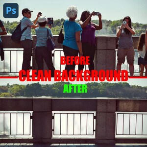 Könnte beinhalten: Vorher-Nachher-Bild, das den Unterschied zwischen einem unruhigen Hintergrund und einem sauberen Hintergrund zeigt. Das Vorher-Bild zeigt eine Gruppe von Personen, die vor einem Wasserfall Fotos machen. Das Nachher-Bild zeigt die gleiche Gruppe von Personen mit einem sauberen, weißen Hintergrund.