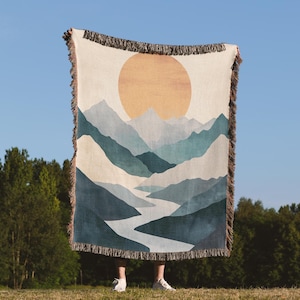 Green Mountains Sunset Blanket, Nature Scenery Woven Blanket, Mountain Sunset Landscape Throw, Mountain River Tapestry, Boho House Decor