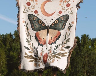 Vintage Crescent Moon Butterfly Blanket, Floral Cottagecore Bohemian Butterfly Throw, Living Room Woven Tapestry, Fairycore Decor Blanket