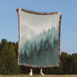 Misty Mountain Forest Blanket, Nature Inspired Home Decor, Mountain Pines Scenery Tapestry, Adventure Nature Gift, Forestcore Woven Throw