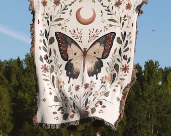 Fairycore Butterfly Blanket, Cottagecore Bohemian Moth Throw, Vintage Crescent Moon Witchy Blanket, Living Room Woven Tapestry
