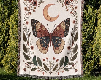 Floral Butterfly Blanket, Vintage Crescent Moon Witchy Blanket, Bohemian Moth Woven Throw, Boho Cottagecore Blanket, Select Your Design