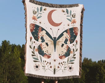 Vintage Crescent Moon Butterfly Blanket, Floral Cottagecore Bohemian Butterfly Throw, Living Room Woven Tapestry, Fairycore Decor Blanket