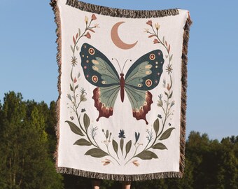 Vintage Crescent Moon Butterfly Blanket, Floral Cottagecore Butterfly Throw, Bohemian Woven Tapestry, Fairycore Blanket, Select Your Design
