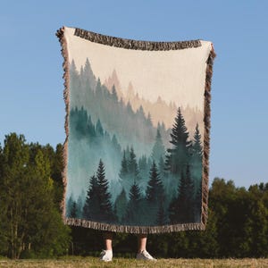 Beautiful Forest Blanket, Misty Pines Woven Throw, Forestcore Cabin Decor, Nature Forest Tapestry, Mountain Tree Blanket, Choose Your Design
