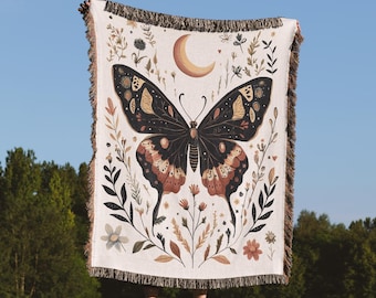 Cottagecore Bohemian Butterfly Throw, Vintage Crescent Moon Moth Blanket, Living Room Woven Tapestry, Fairycore Decor Blanket