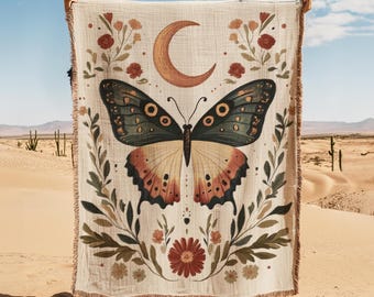 Vintage Crescent Moon Butterfly Blanket, Floral Cottagecore Bohemian Butterfly Throw, Living Room Woven Tapestry, Fairycore Decor Blanket