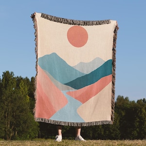 Mountain Sunset Landscape Blanket, Pastel Nature Landscape Woven Cotton Throw, Mountain River Scenery Tapestry, Boho Cottagecore Blanket