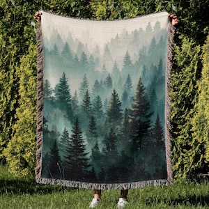 Misty Mountain Forest Blanket, Nature Inspired Home Decor, Green Pines Scenery Tapestry, Forestcore Woven Throw, Beautiful Evergreen Blanket