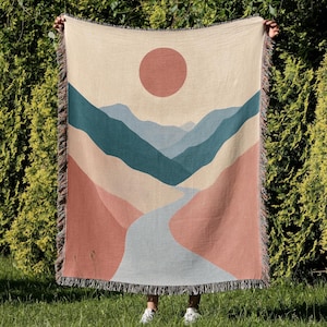 Pastel Mountain River Blanket, Beautiful Nature Landscape Woven Cotton Throw, Mountain Landscape Scenery Tapestry, Choose Your Design