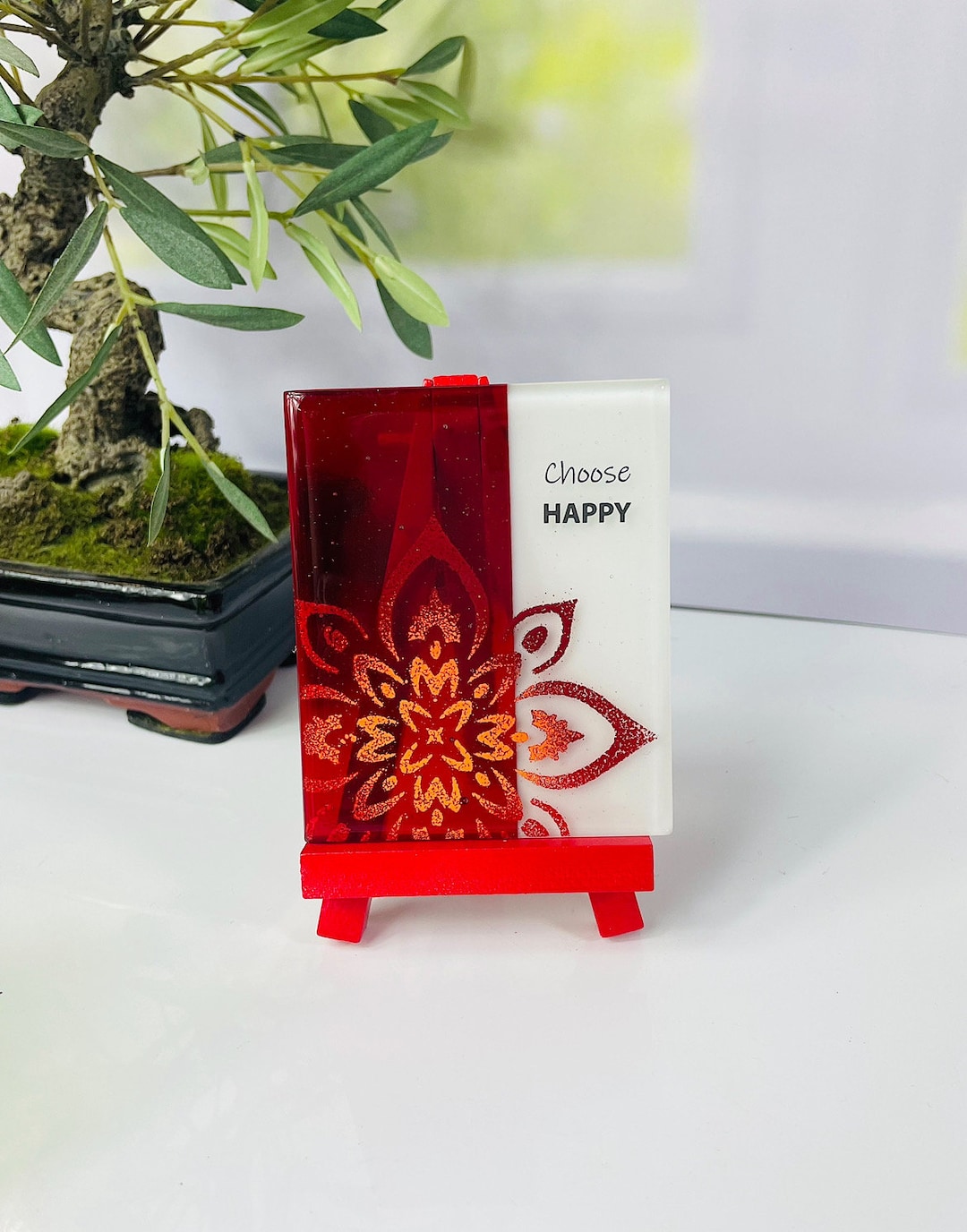 CHOOSE HAPPY Tiny Tile, Fused Glass Art on a Tiny Easel, Spread ... - Tile Fusion Art