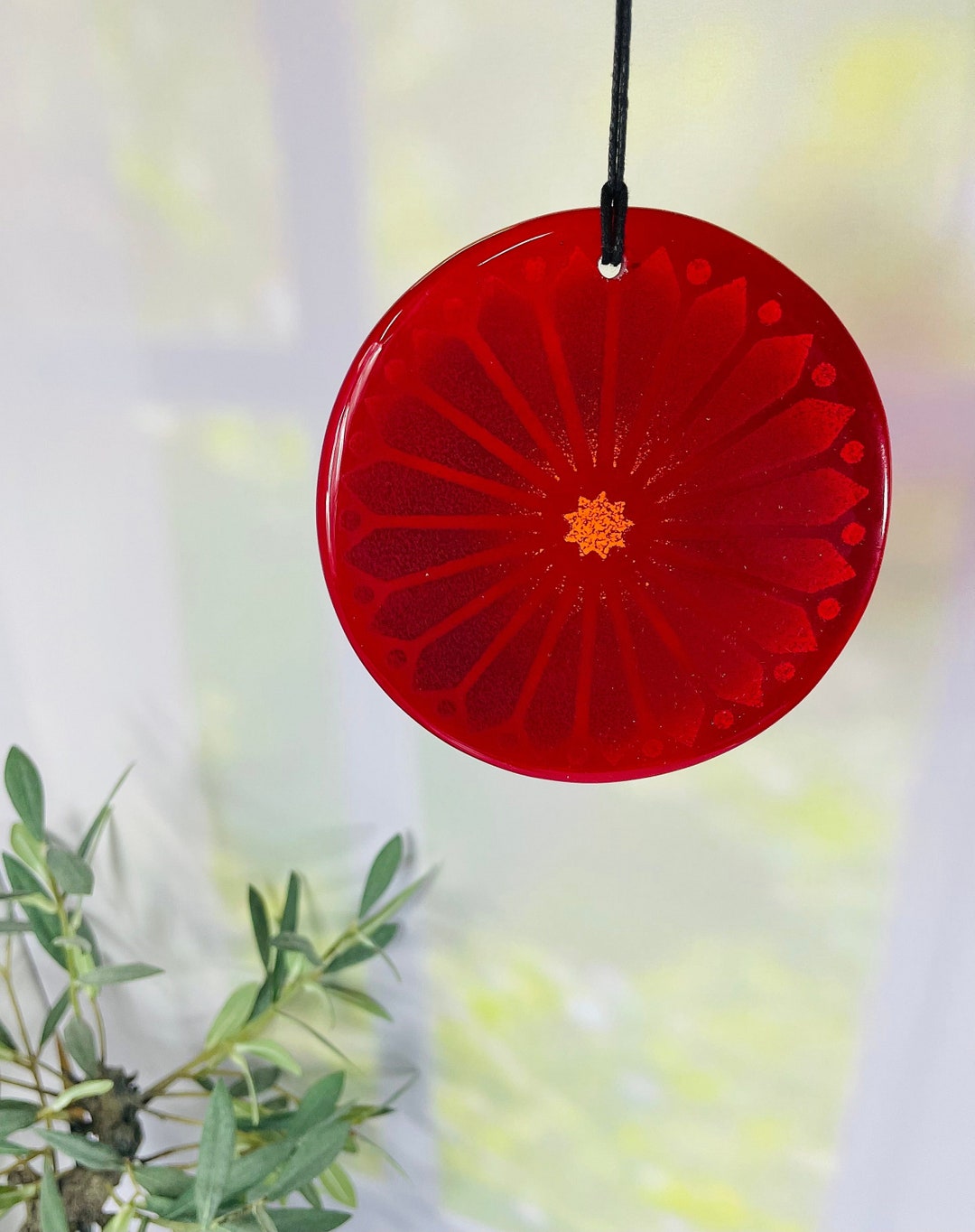 Fused Glass Art Mandala Suncatcher: Ruby Red Window Decor - Etsy
