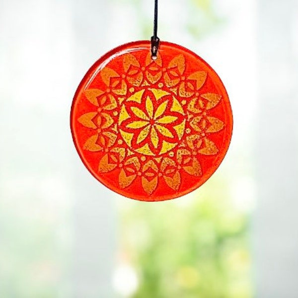 Fused Glass, Orange Mandala Suncatcher! Bright and Happy!