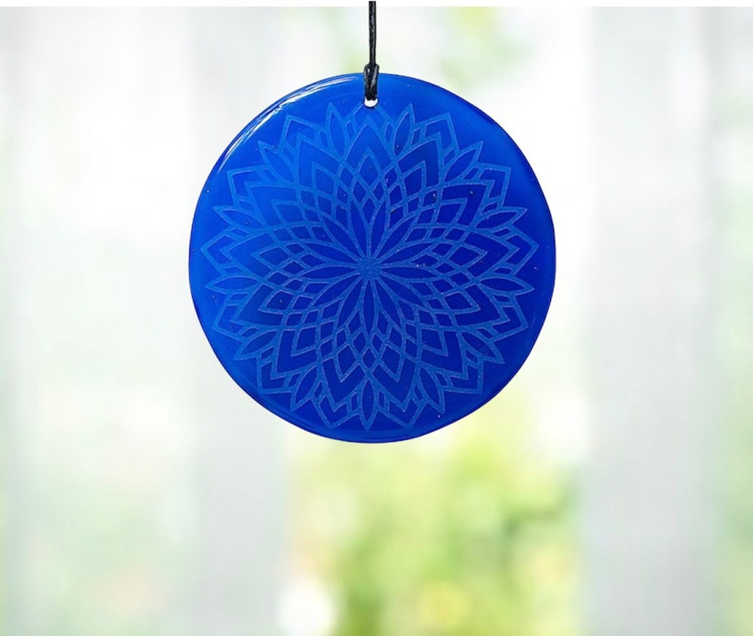Blue Etched Fused Glass Mandala Suncatcher Bright and Happy Etsy