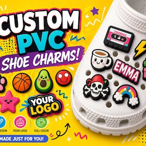 May include: A white shoe with various PVC shoe charms, including a cassette tape, coffee cup, lightning bolt, cactus, and a rainbow. Other charms include a paw print, basketball, avocado, and a smiley face. The text reads "CUSTOM PVC SHOE CHARMS!"