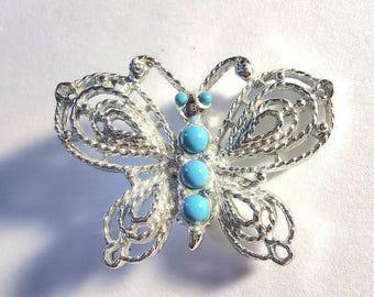 Vintage Butterfly Silver Toned Brooch Pin with Turquoise Colored Accents