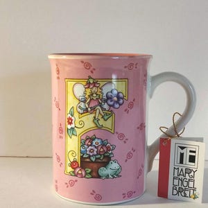 Vintage Mary Engelbreit Mug 2003 – Pink Floral &quot;F&quot; Monogram Cup with Tag – Collectible Ceramic Gift