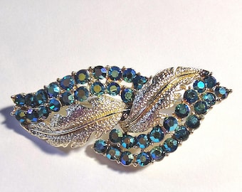 Vintage Gold Toned Leaves and Peacock Blue Aurora Borealis Rhinestone Brooch