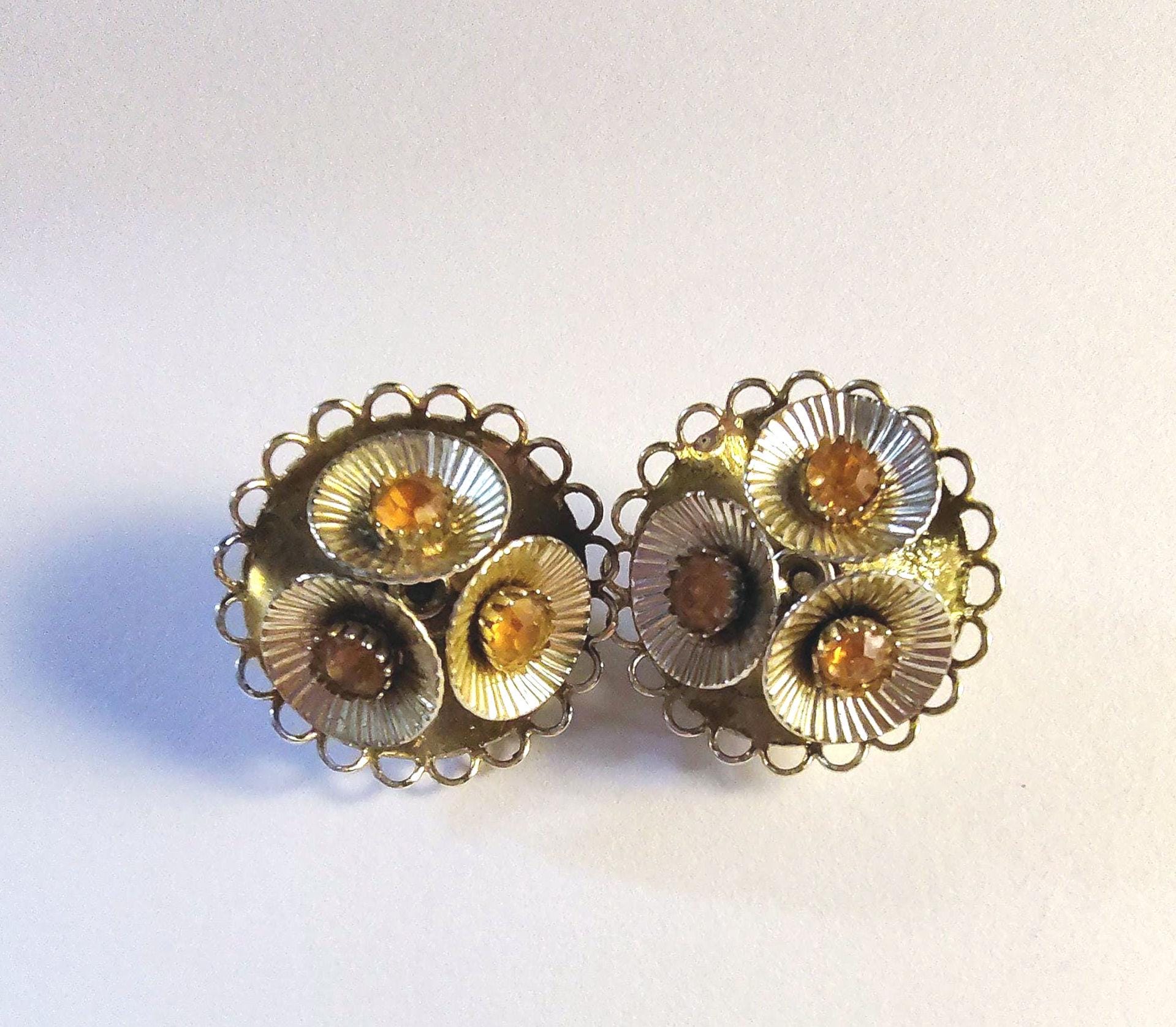 Vintage Round Brass Costume Clip on Earrings with Orange Faux Stones