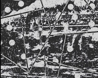 May include: Black and white abstract art print with a geometric design and a stylized face in the upper left corner. The text "The Moon Is Beautiful, Isn't It?" is at the bottom of the print.