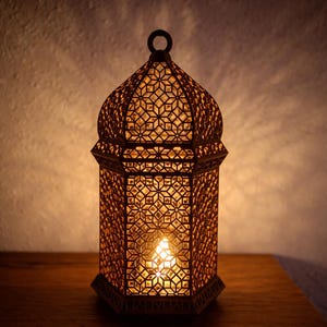 May include: Ornate, bronze-colored metal lantern with a geometric pattern. The lantern has a handle at the top and a lit candle inside, casting a warm glow. The lantern is sitting on a wooden surface.