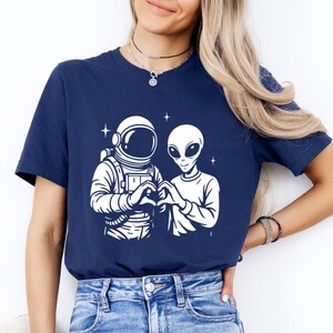 Funny Astronaut and Alien T-Shirt, Heart Hands Space Couple Tee, Sci-Fi Gift Idea
