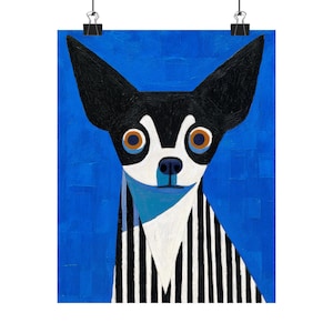 Arte mural de chihuahua, póster abstracto de perro, impresión artística azul estilo acrílico, decoración moderna y caprichosa para mascotas, regalo único para amantes de los perros.