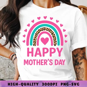 Feliz Día de la Madre PNG SVG – Clipart de Mamá con Leopardo Arcoíris, Diseño de Sublimación de Corazón Lindo para Mamá, Camiseta Imprimible, Descarga Digital