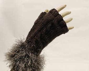 Chocolate Brown Hand Knit Fingerless Gloves with Furry Cuff FG013
