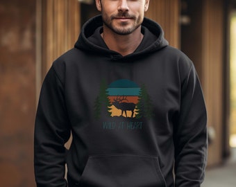 Wild At Heart Elk--Wildlife Wilderness Sweatshirt Hoodie--Animal Silhouette in Sunset with Pine Trees Graphic