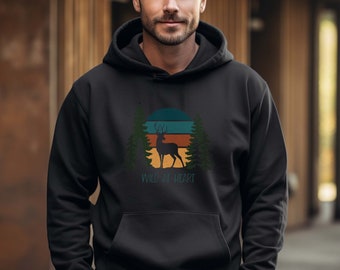 Wild At Heart Deer--Wildlife Wilderness Sweatshirt Hoodie--Animal Silhouette in Sunset with Pine Trees Graphic