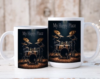 Drummers' Happy Place Coffee Mug--Drummer Gift, Drummer Coffee Mug, Band Mug, Drummer Musician, Gift For Musician, Rock and Roll Mug