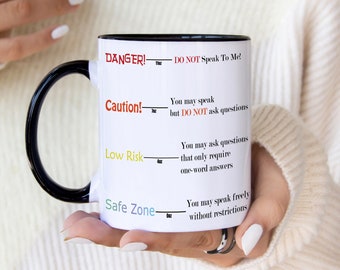 Danger Meter Coffee Cup Office Mug Co-worker Warning Funny Saying--11oz White Ceramic Coffee Mug With Black Inside And Black C Handle