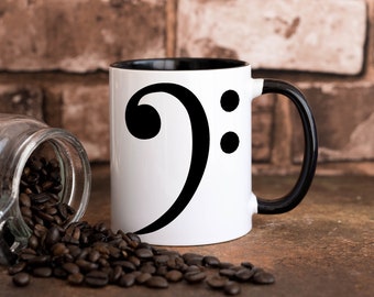 Bass Clef Coffee Cup For Bassists And Lovers Of Low End--11oz White Ceramic Mug With Black Inside And Black C Handle
