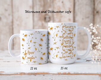 M O M---Mother's Day Mug--Gift for Mom With Custom Name(s)--MOM With Daisies
