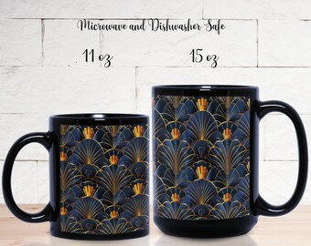 Blue and Gold Art Deco Nature-Inspired Arches--Black Mug | Stylish Coffee Cup | Modern Elegant Drinkware | Gift for Him/Her  11oz & 15oz
