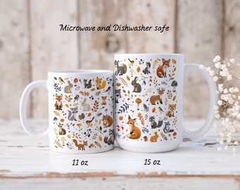 Animali del bosco - Tazza con motivo animale in stile scandinavo da 11 oz o 15 oz - Tazza da caffè Cottagecore