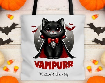 Trick or Treat Bag--Vampurr!  Vampire Cat, Custom Name Halloween Bag, Kids' Treat Bag, Trick-or-Treating Tote Bag