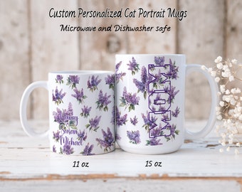 M O M---Mother's Day Mug--Gift for Mom With Custom Name(s)--MOM With Lilacs