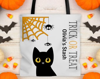 Trick or Treat Bag--Black Cat and Spiders--Halloween Bag, Kids' Treat Bag, Trick-or-Treating Tote Bag