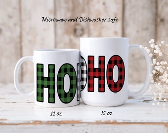 Christmas Coffee or Cocoa Mug--HO HO HO Buffalo Plaid Santa Laugh 11 oz or 15 oz Mug