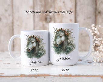 Unicorn Personalized Mug--Feminine, Girly, Pretty Green Flowered Unicorn Coffee or Cocoa Mug--11 oz or 15 oz White Ceramic Mug