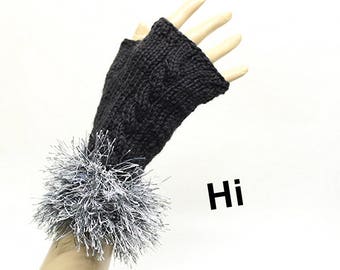 Black Hand Knit Fingerless Gloves with Furry Cuff FG003