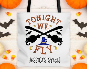 Trick or Treat Bag--Tonight We Fly! Custom Name Halloween Bag, Kids' Treat Bag, Trick-or-Treating Tote Bag Witch's Brooms